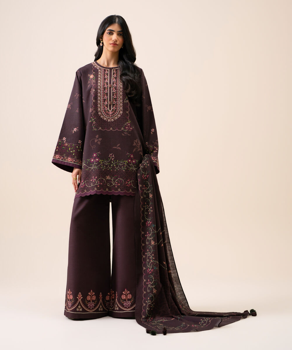 Women's Unstitched Light Khaddar Embroidered Brown 3 Piece Suit