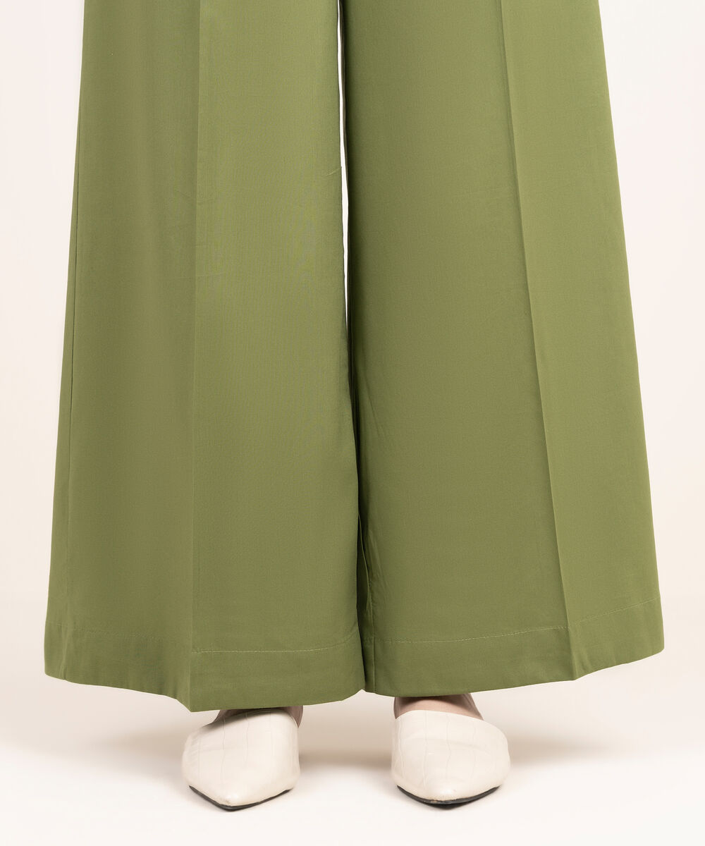 Women's RTW Cotton Viscose Solid Green Flared Pants
