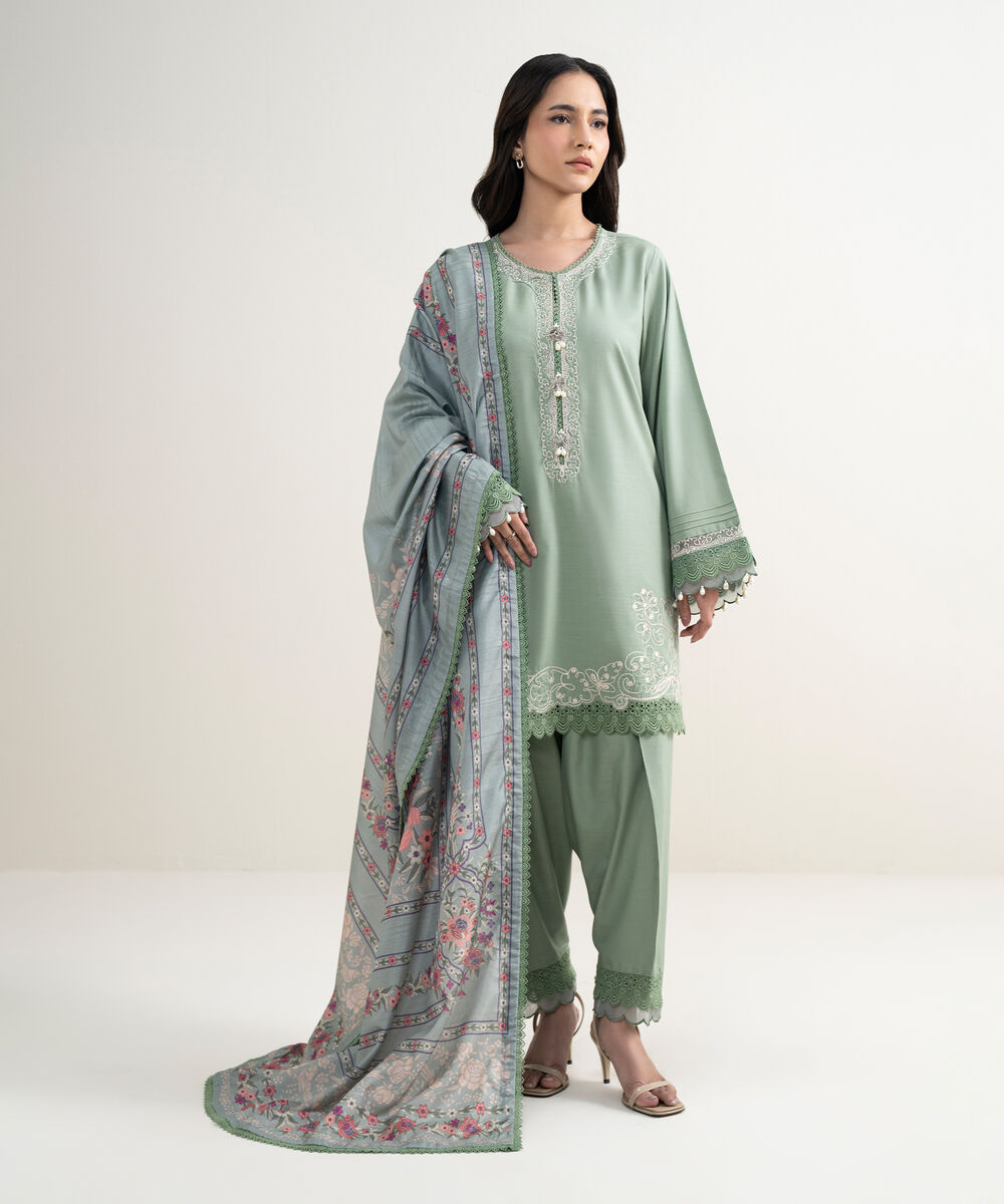 Women's RTW Cotton Viscose Embroidered Green 3 Piece Suit