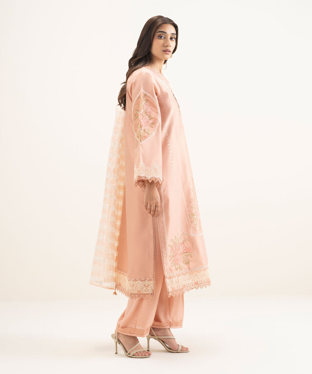 Women's RTW Silk Cotton Net Embroidered Peach 3 Piece Suit