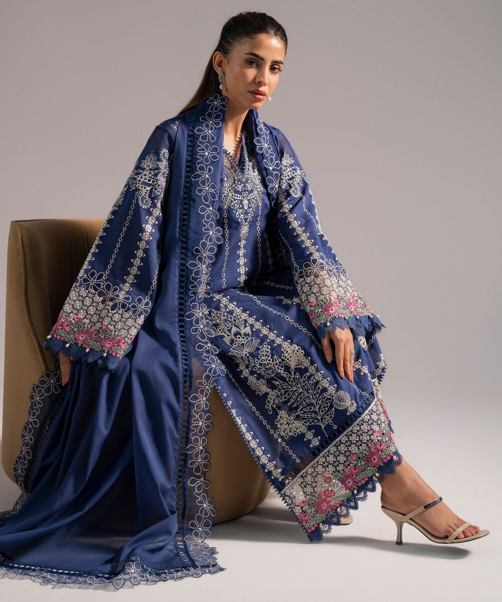 Women's RTW Dobby Embroidered Dark Blue 3 Piece Suit