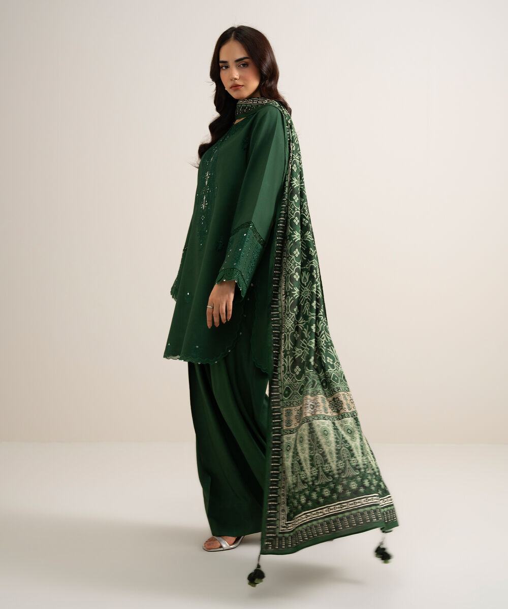 Women's Unstitched Embroidered Linen Green 3 Piece Suit