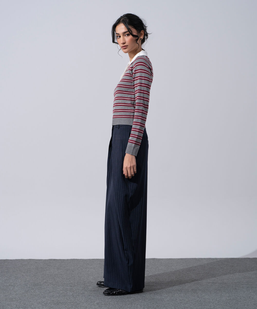 Women's Western Wear Grey And Merlot Polyester Striped Contrast Knit Polo Sweater