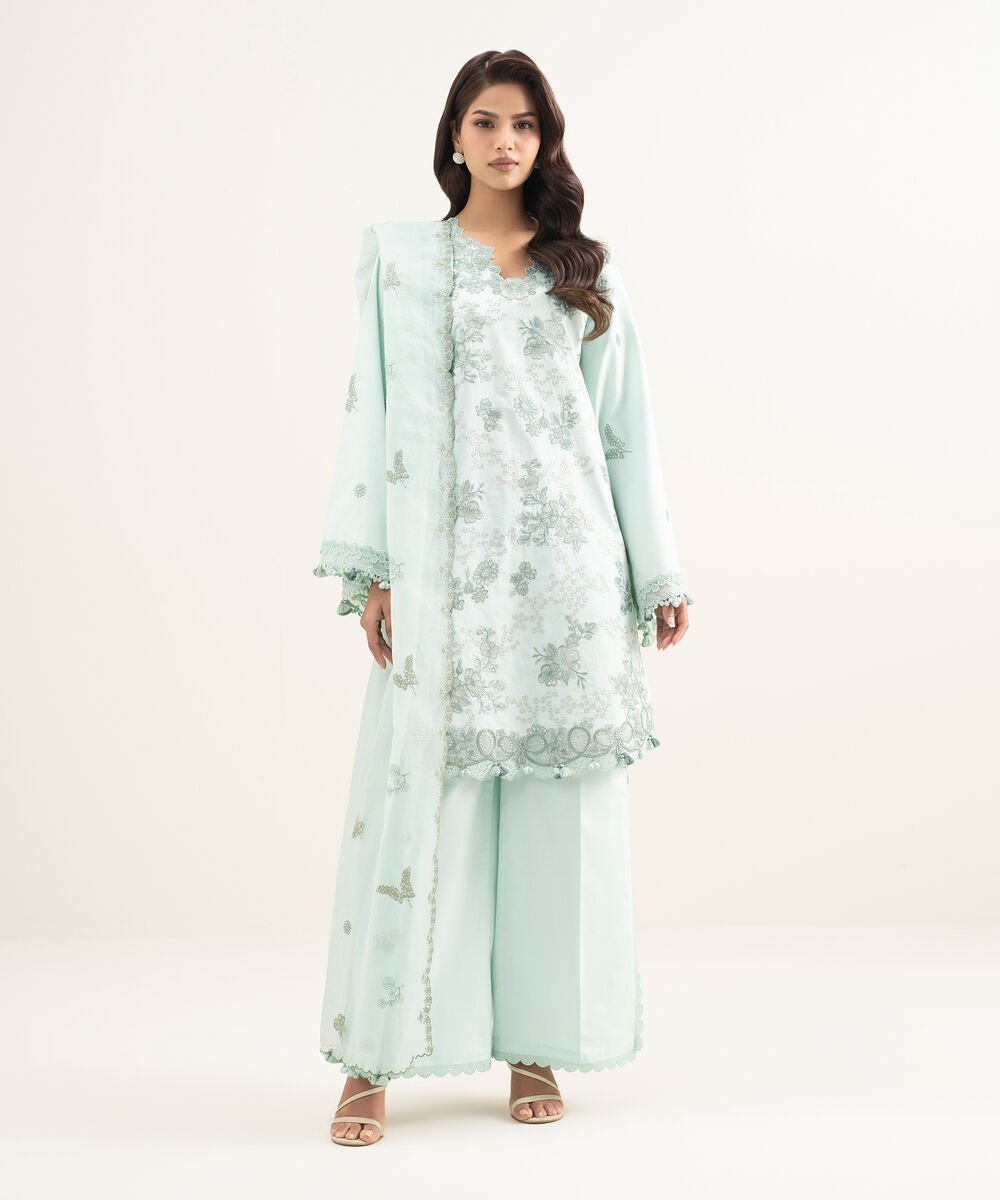 Women's Unstitched Lawn Embroidered Blue 3 Piece Suit