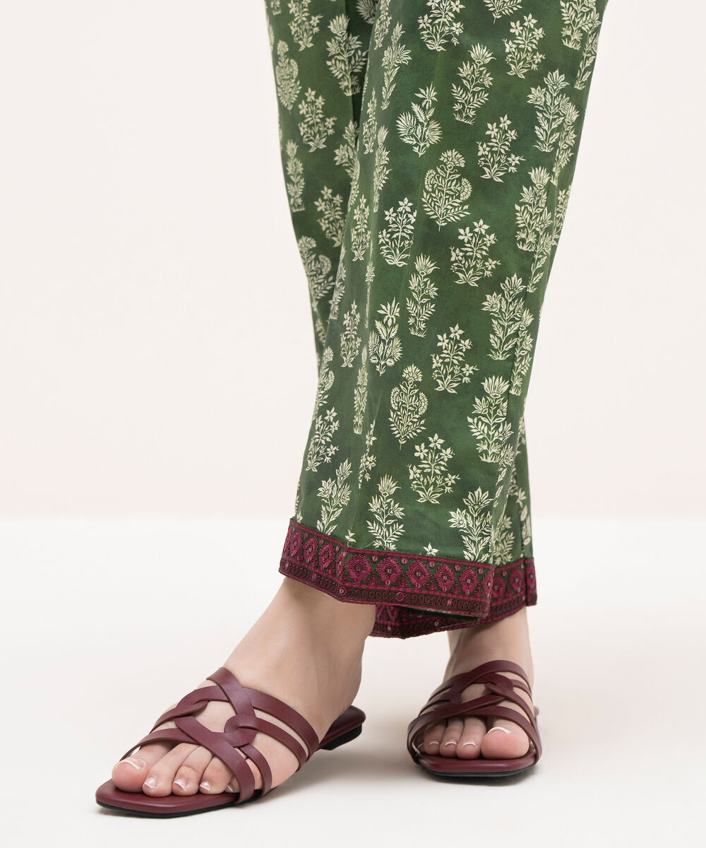 Women's RTW Cambric Green Embroidered Straight Pants