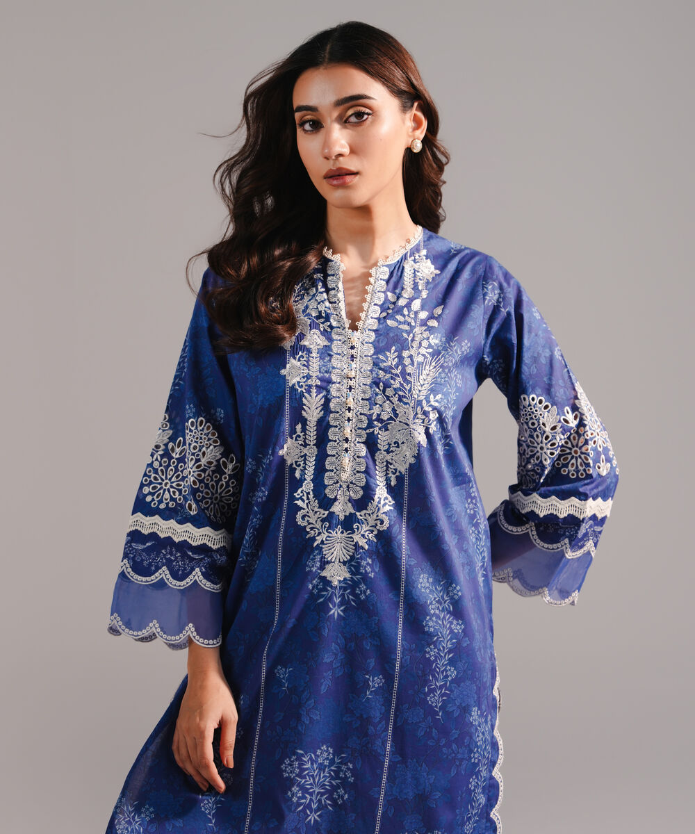 Women's RTW Lawn Embroidered Dark Blue A-Line Shirt