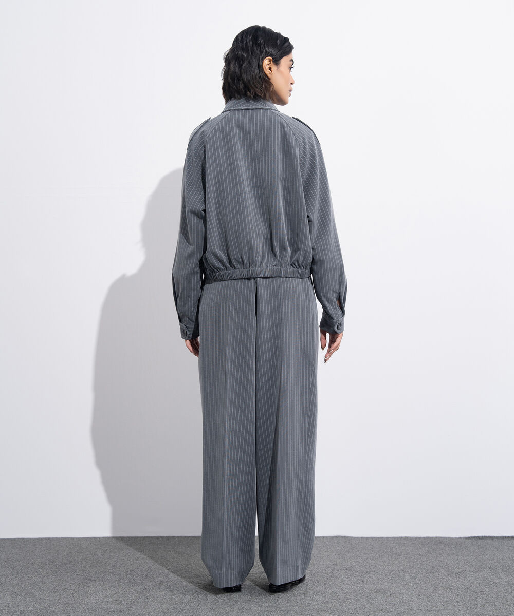 Women's Western Wear Grey Zip Up Striped Bomber Jacket