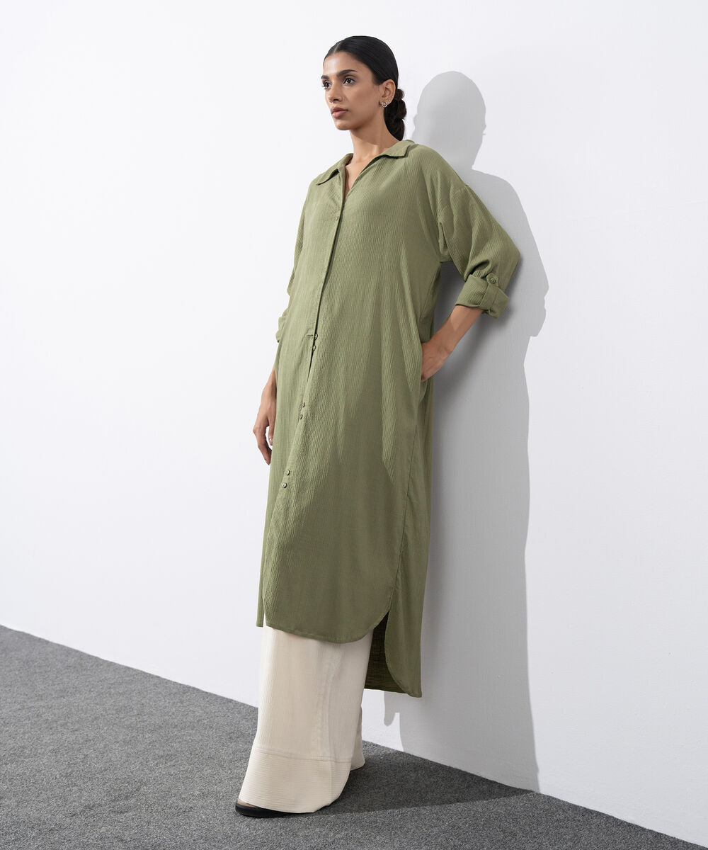 Women's Western Wear Green Seersucker Shirt Dress