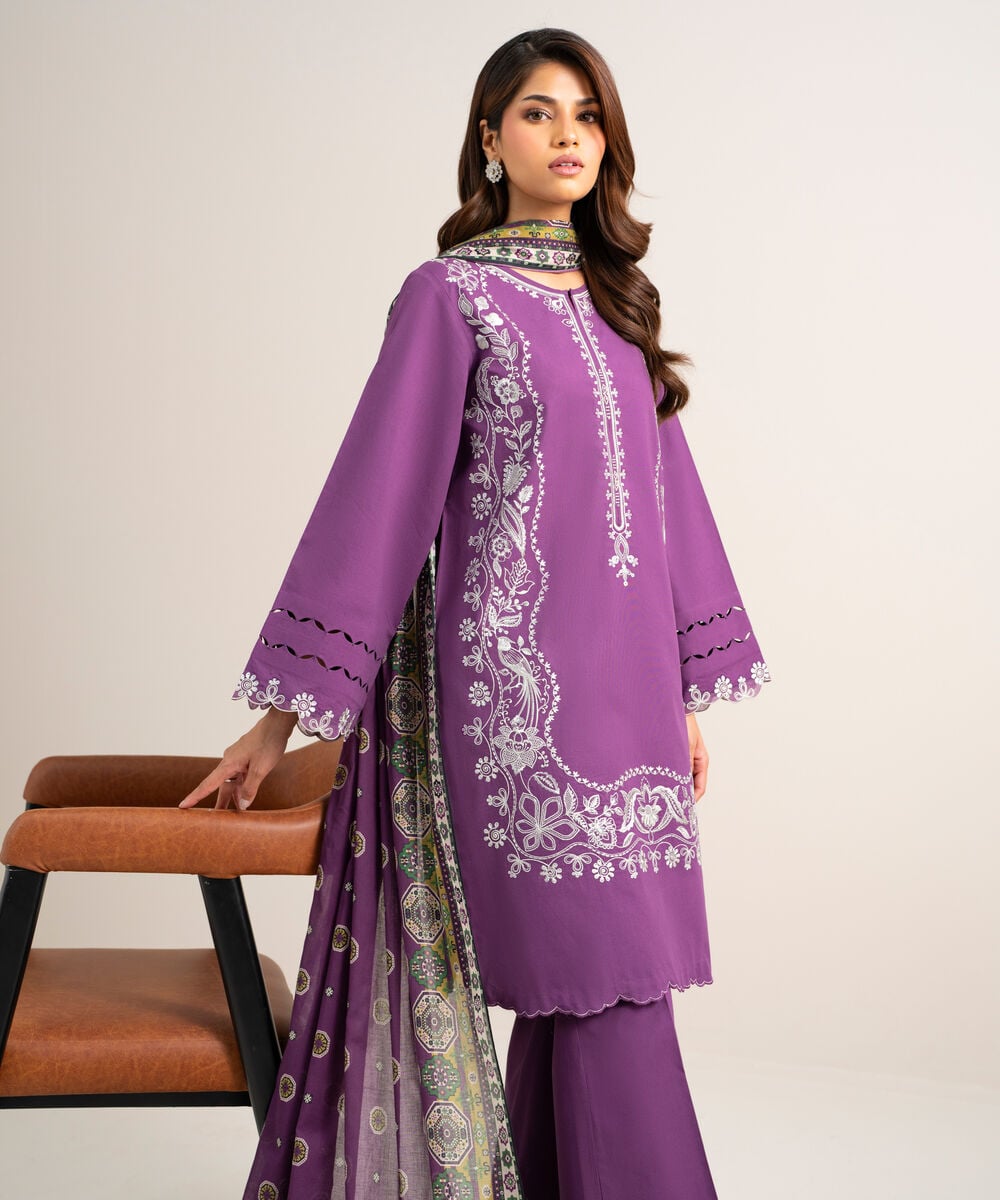 Women's Unstitched Lawn Embroidered Purple 3 Piece Suit