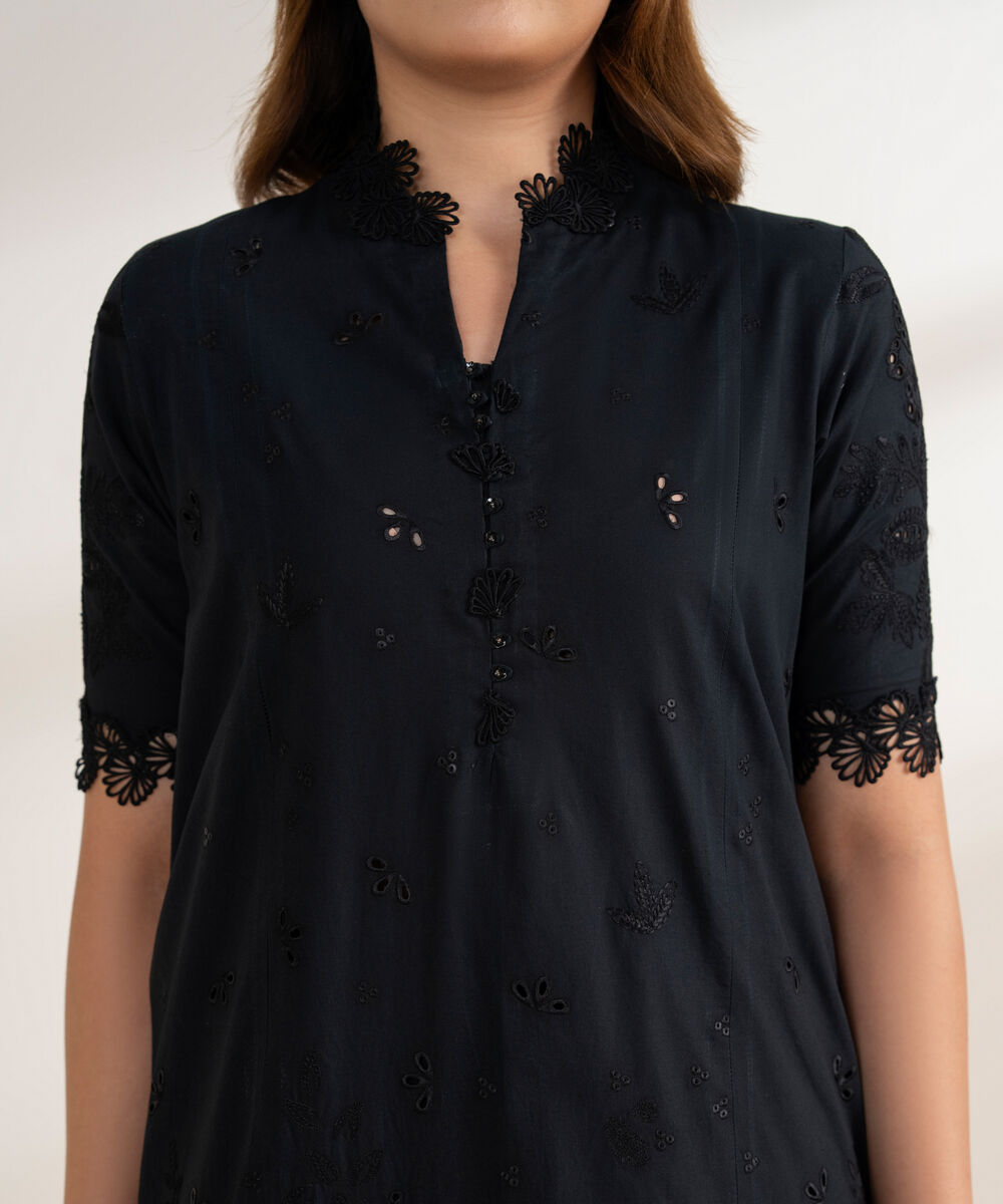 Women's Unstitched Cotton Embroidered Black 3 Piece Suit