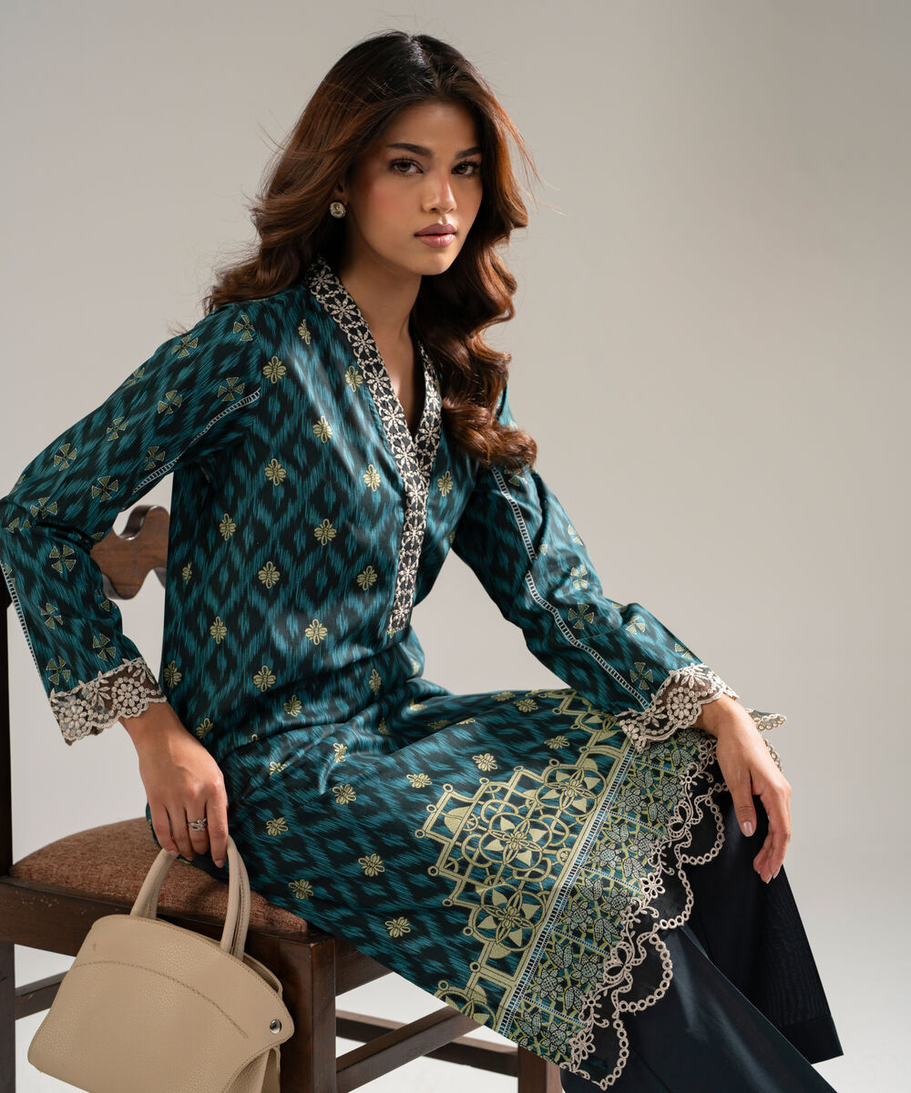 Women's RTW Cambric Embroidered Beige 2 Piece Suit