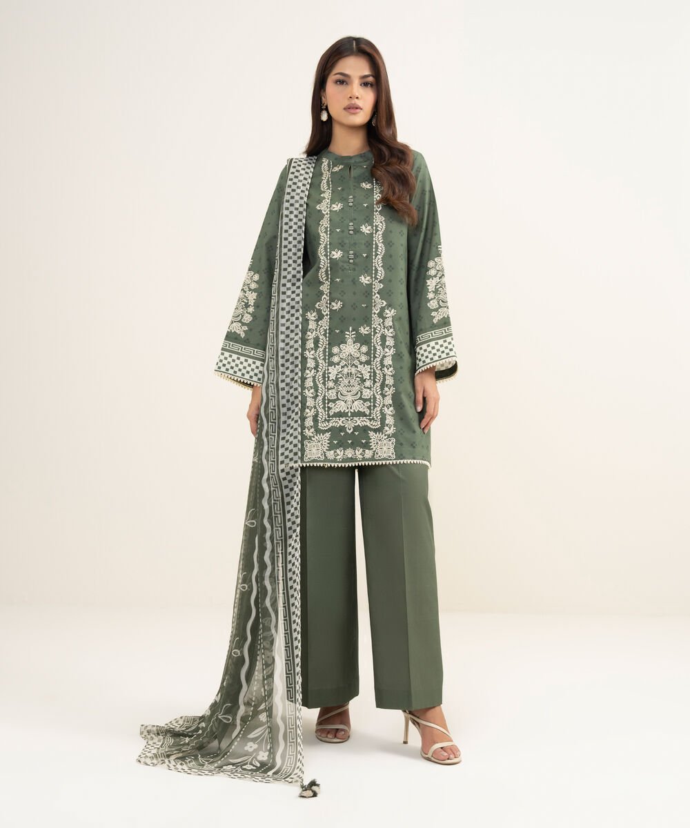 Women's Unstitched Lawn Embroidered Green 3 Piece Suit