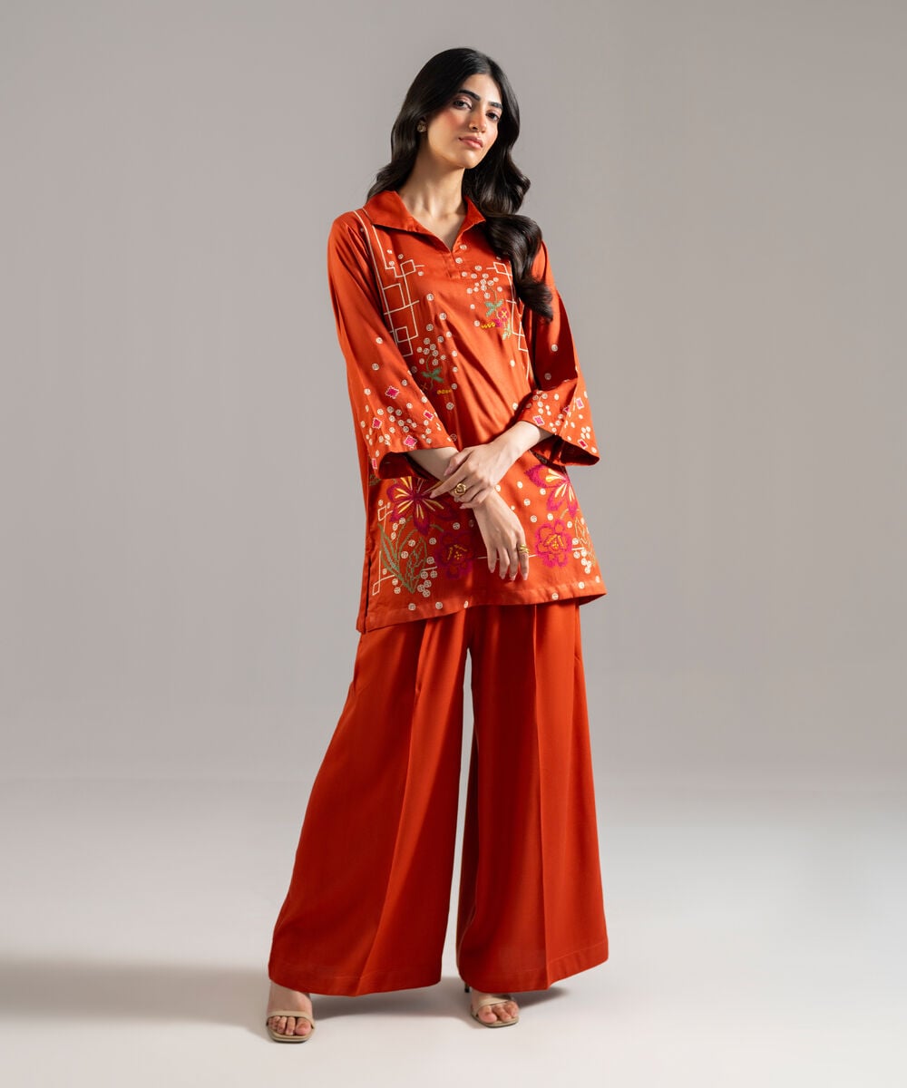 Women's RTW Bedford Solid Embroidered Rust Straight Shirt