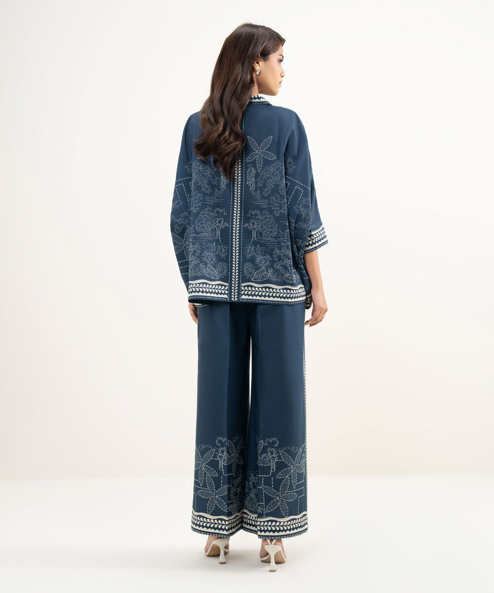 Women's RTW Lawn Printed Blue Drop Shoulder Shirt