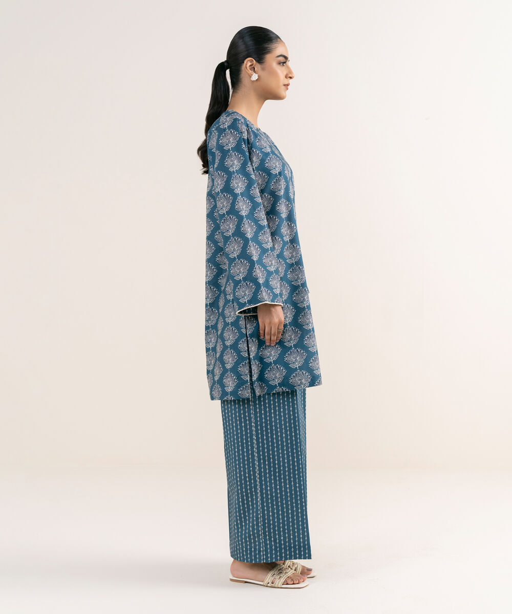 Women's RTW Textured Lawn Blue Printed A-Line Shirt