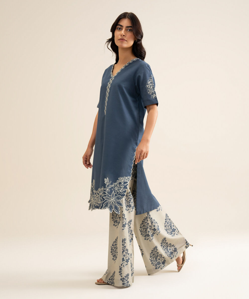 Women's Unstitched Light Khaddar Embroidered Blue 2 Piece Suit