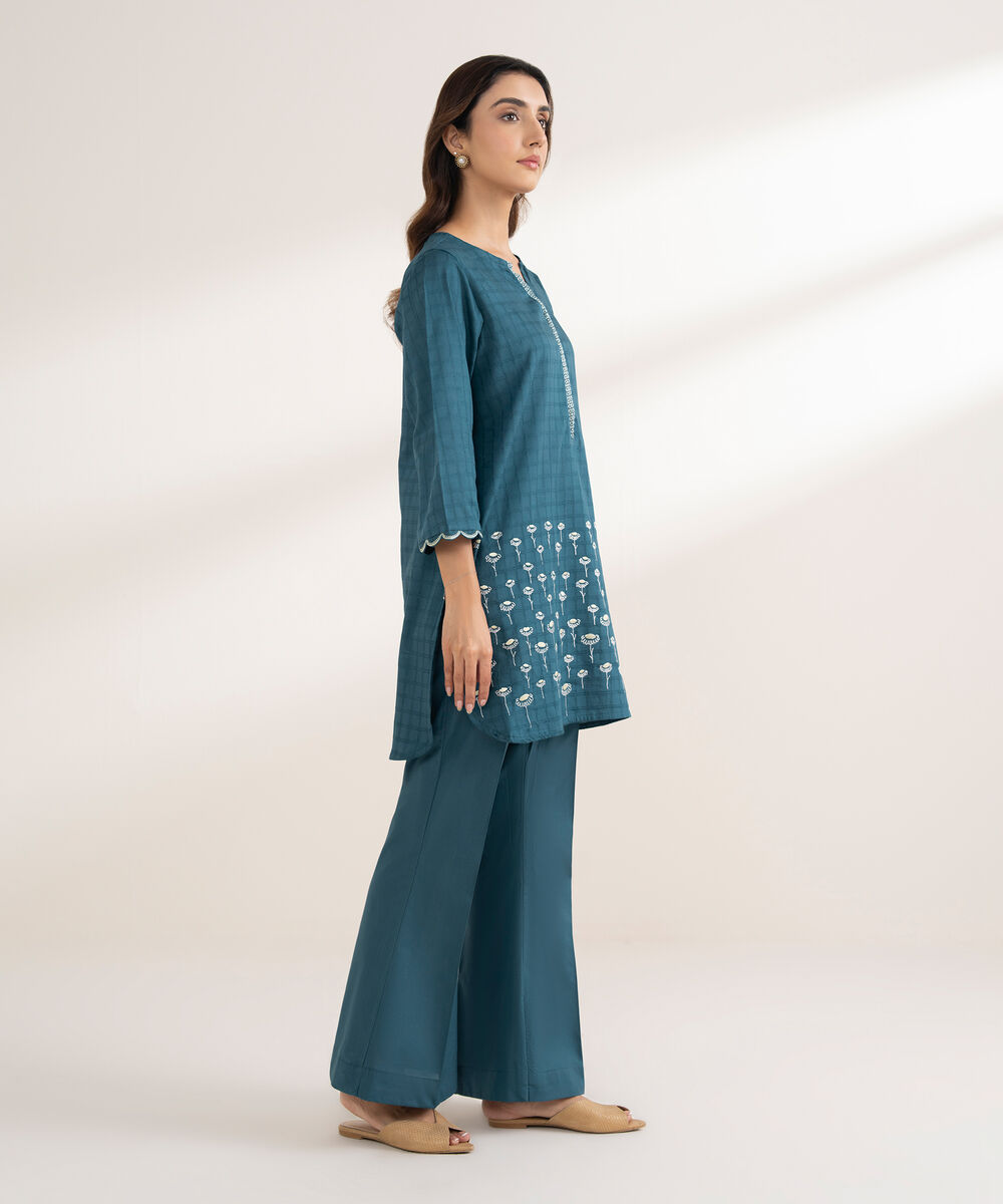 Women's RTW Textured Cotton Embroidered Straight Blue Shirt