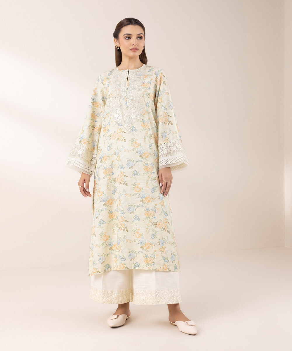 Woman - Off White Embroidered Khaddar Shirt