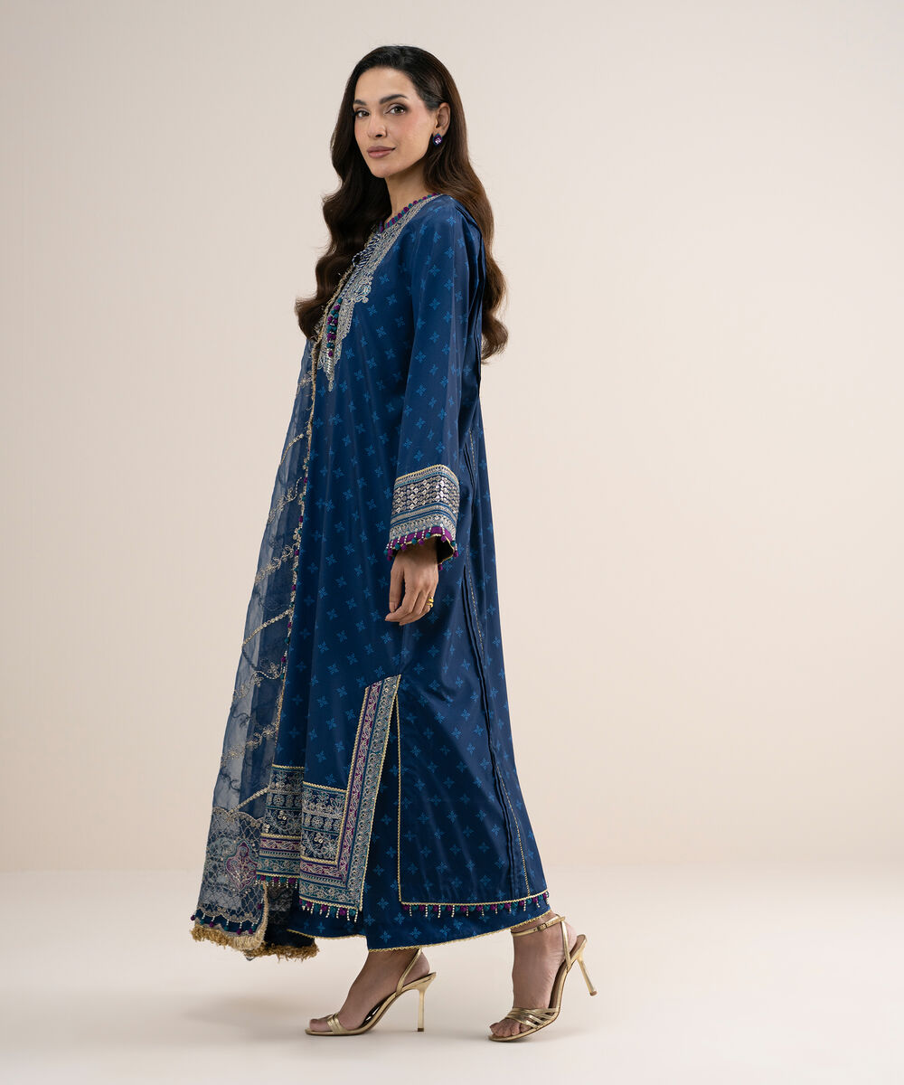 Women's Unstitched Printed Blended Grip Silk Blue 3 Piece Suit