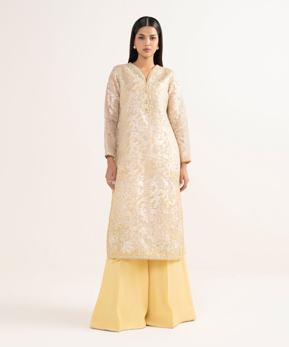 Women's RTW Zari Jacquard Yellow Embroidered 2 Piece Suit