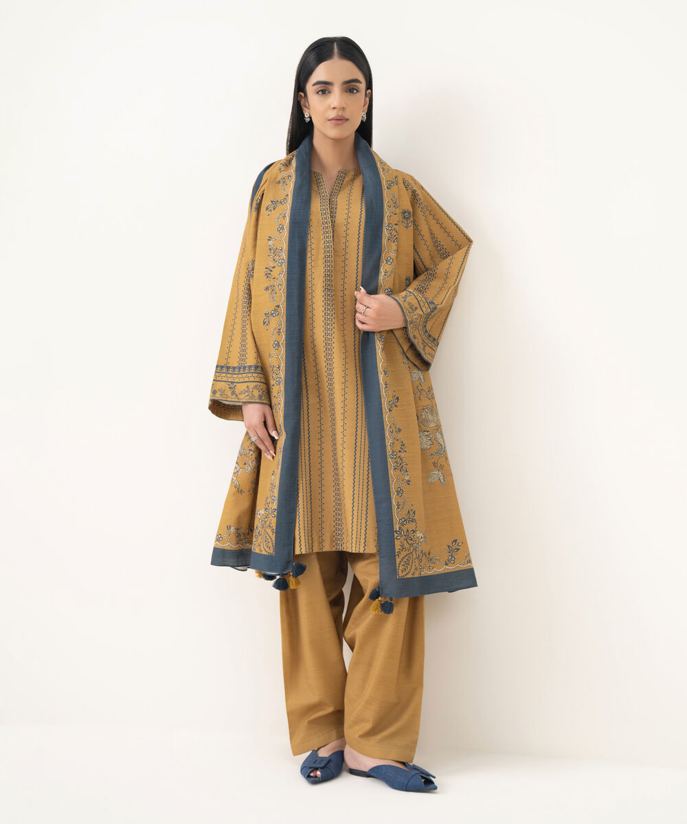 Women's Unstitched Light Khaddar Printed Brown 3 Piece Suit