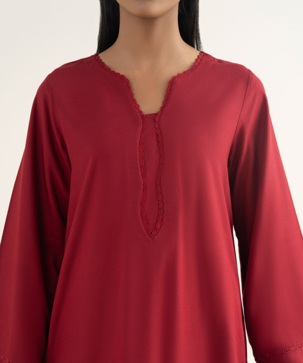 Women's RTW Khaddar Solid Maroon A-Line Shirt