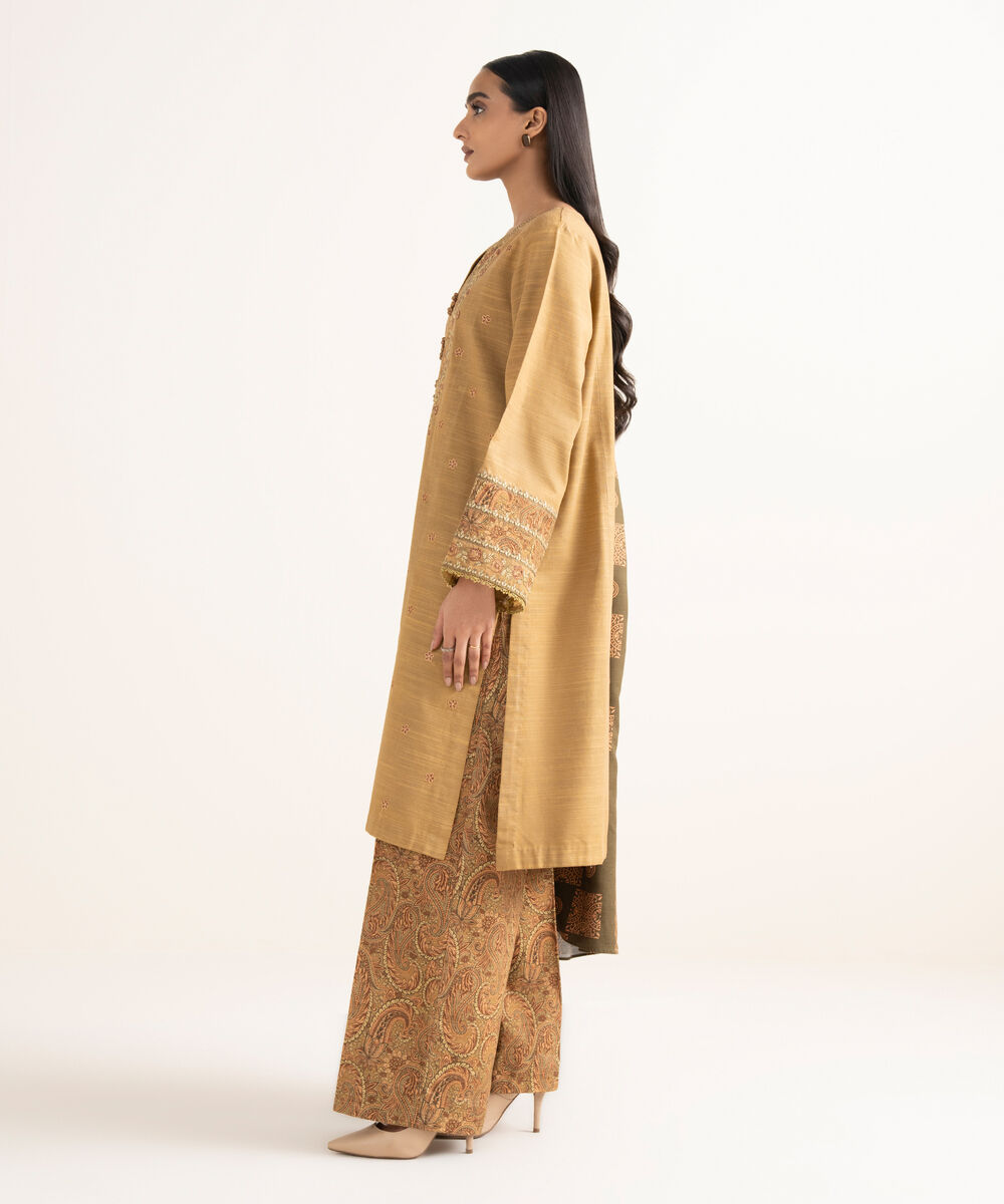 Women's Unstitched Light Khaddar Embroidered Brown 3 Piece Suit