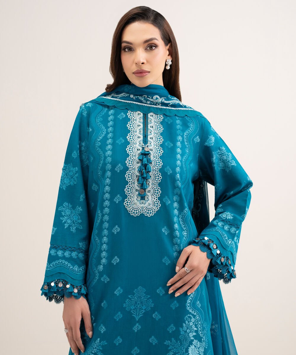 Women's Unstitched Extra Weft Jacquard Embroidered Blue 3 Piece Suit