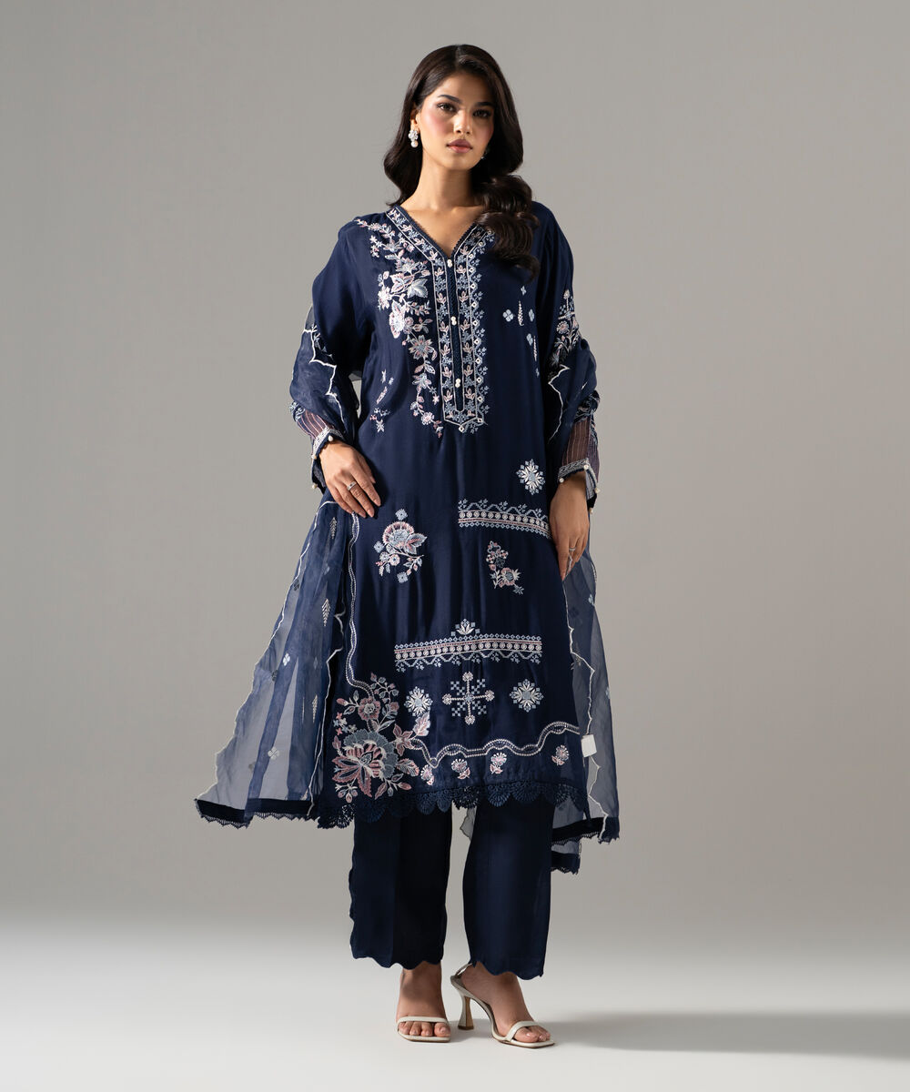 Women's RTW Raw Silk Solid Embroidered Dark Blue 3 Piece Suit