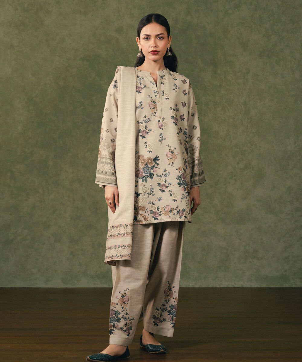 Women's Unstitched Cotton Printed Beige 3 Piece Suit