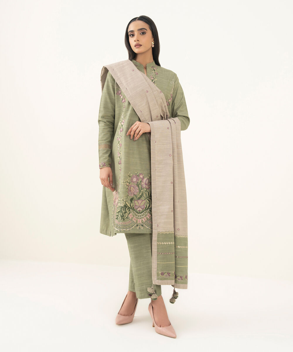 Women's Unstitched Embroidered Khaddar Moss Green 3 Piece Suit