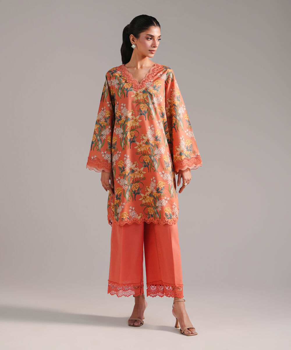Women's RTW Slub Lawn Embroidered Coral 2 Piece Suit