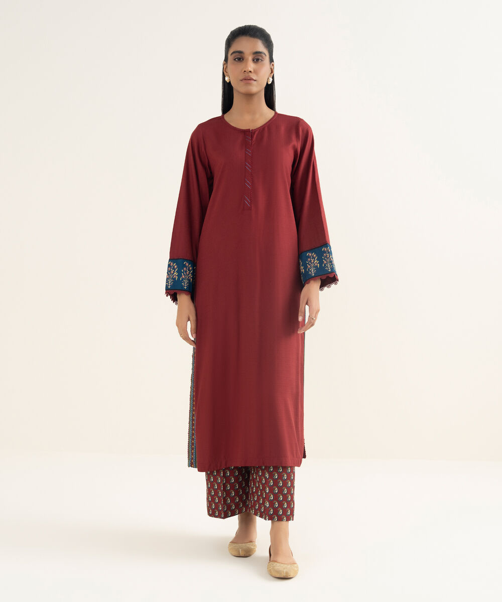 Women's RTW Textured Viscose Solid Maroon Straight Shirt