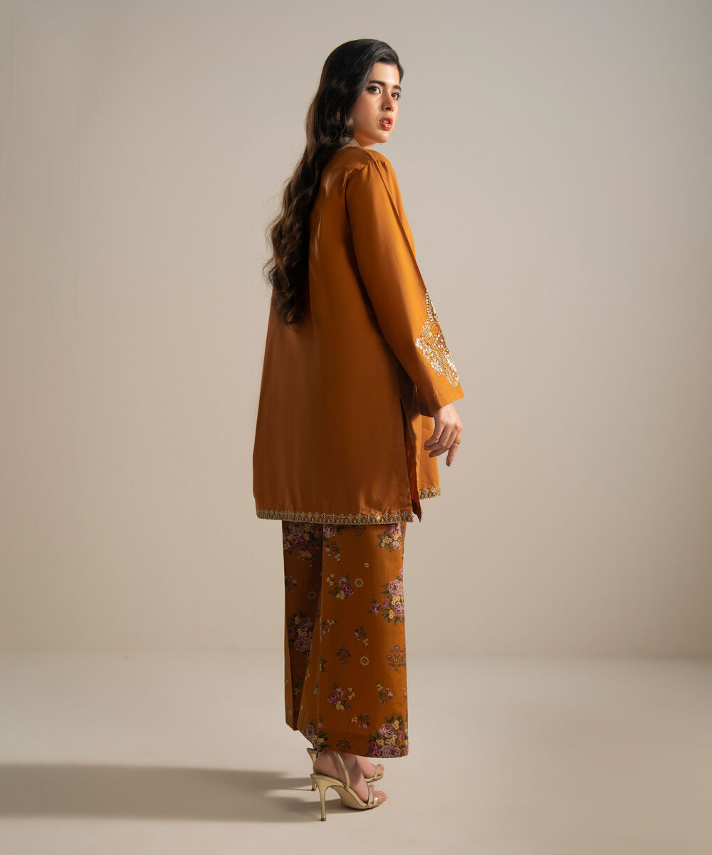 Women's RTW Slub Lawn Embroidered Brown Straight Shirt