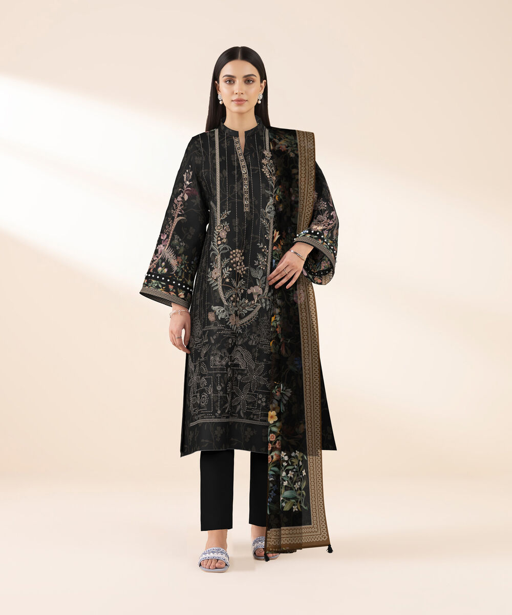 Women's Unstitched Lawn Black Embroidered 3 Piece Suit
