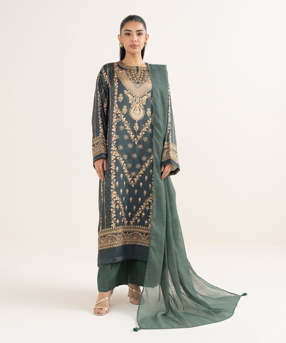 Women's RTW Blended Satin Embroidered Green 3 Piece Suit