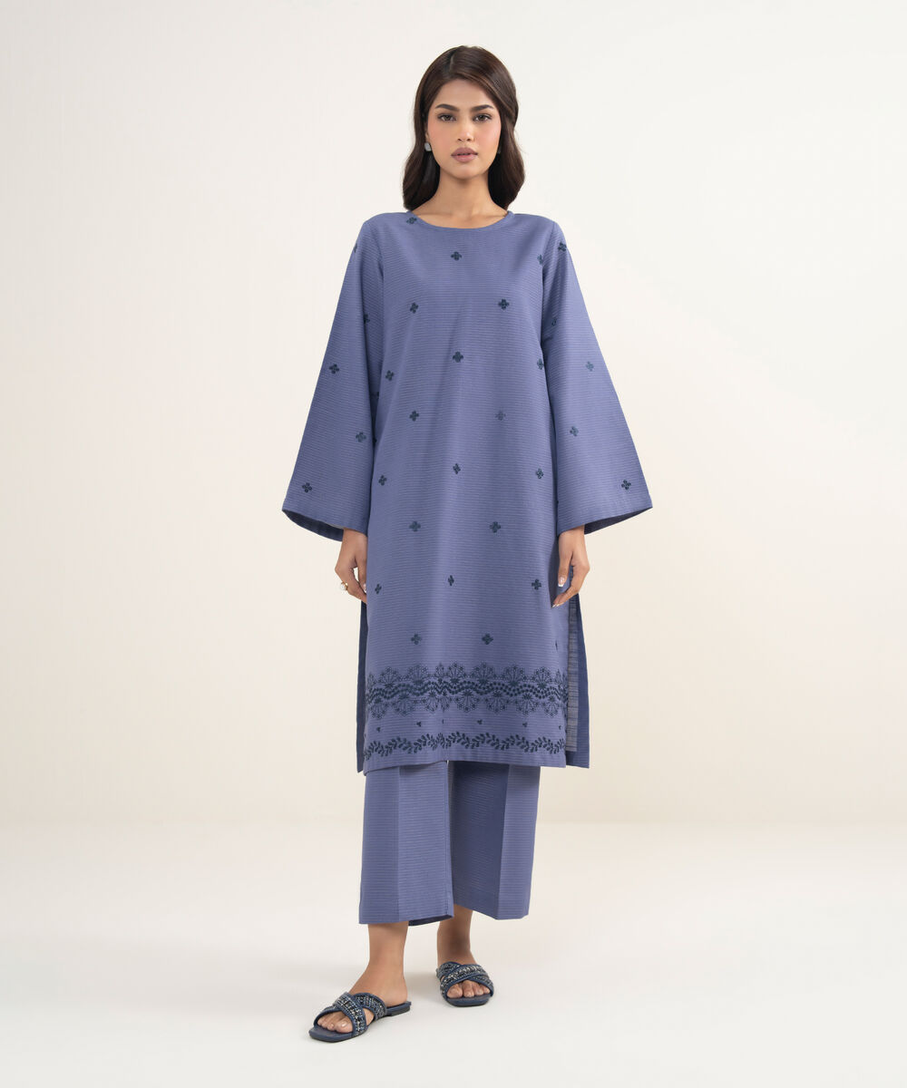 Women's Unstitched Zari Khaddar Blue 3 Piece Suit