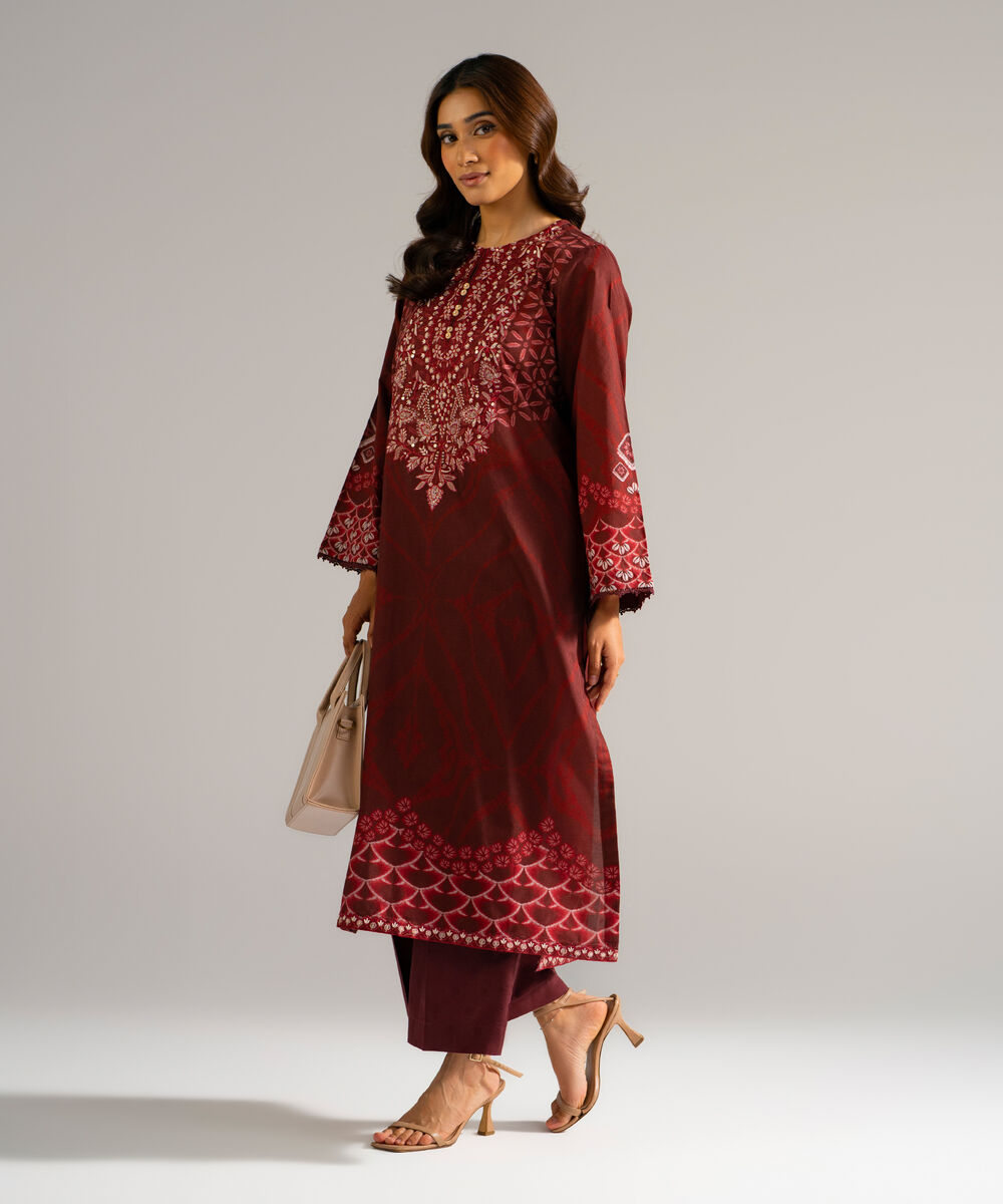 Women's RTW Self Jacquard Embroidered Red 2 Piece Suit