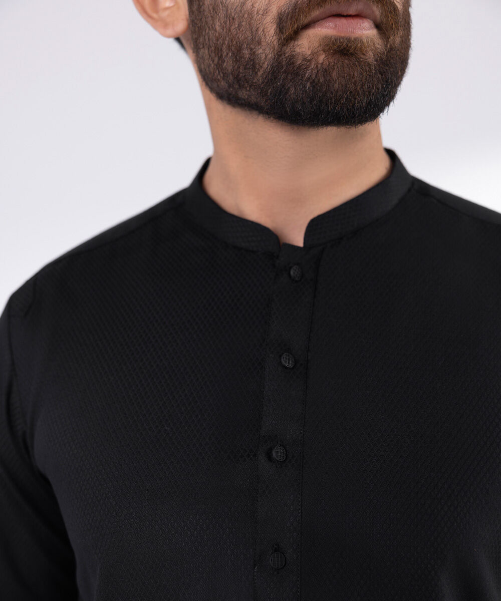 Men's Blended Stitched Plain Black Kurta