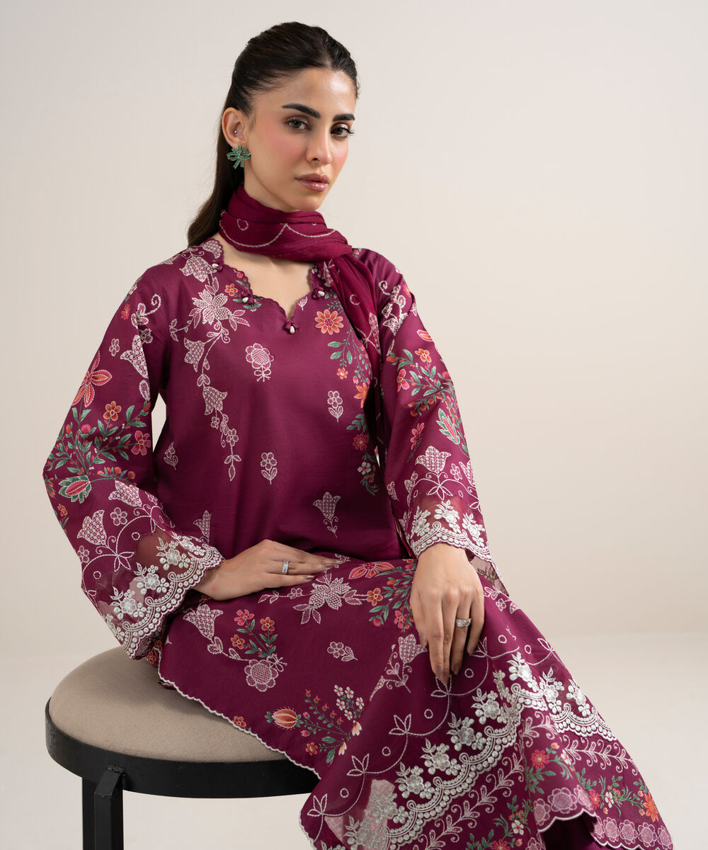 Women's Unstitched Lawn Embroidered Pink 3 Piece Suit