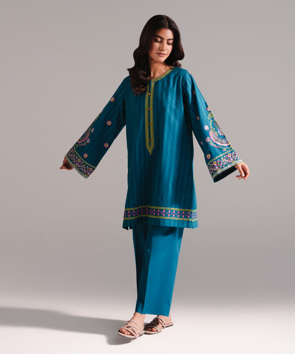Women's RTW Dobby Embroidered Teal 2 Piece Suit