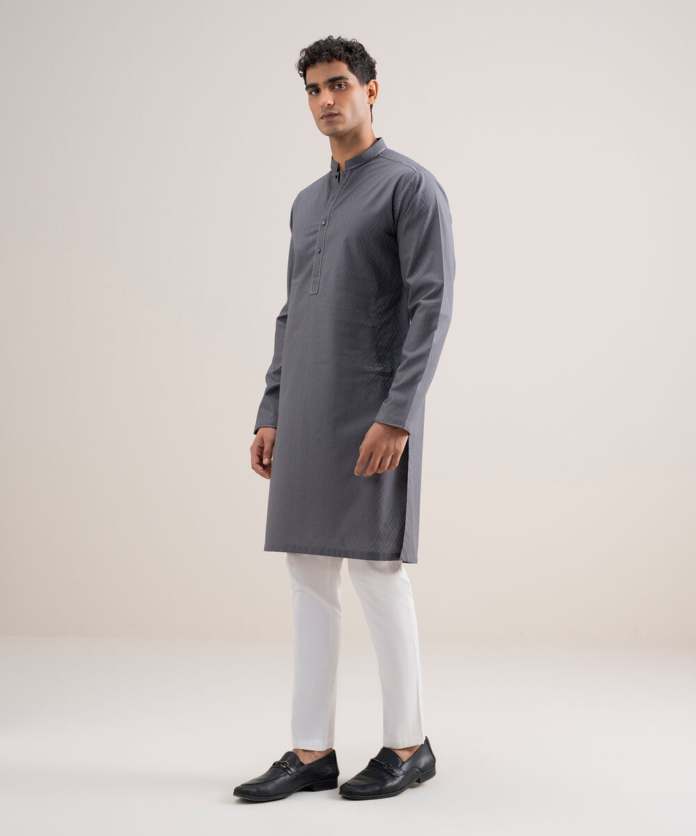 Men's Stitched Cotton Jacquard Grey Kurta