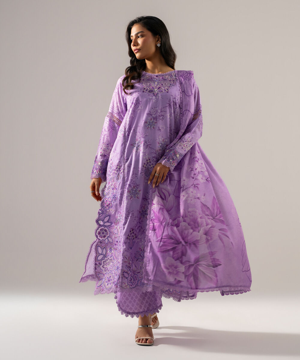 Women's RTW Dobby Printed Embroidered Lilac 3 Piece Suit