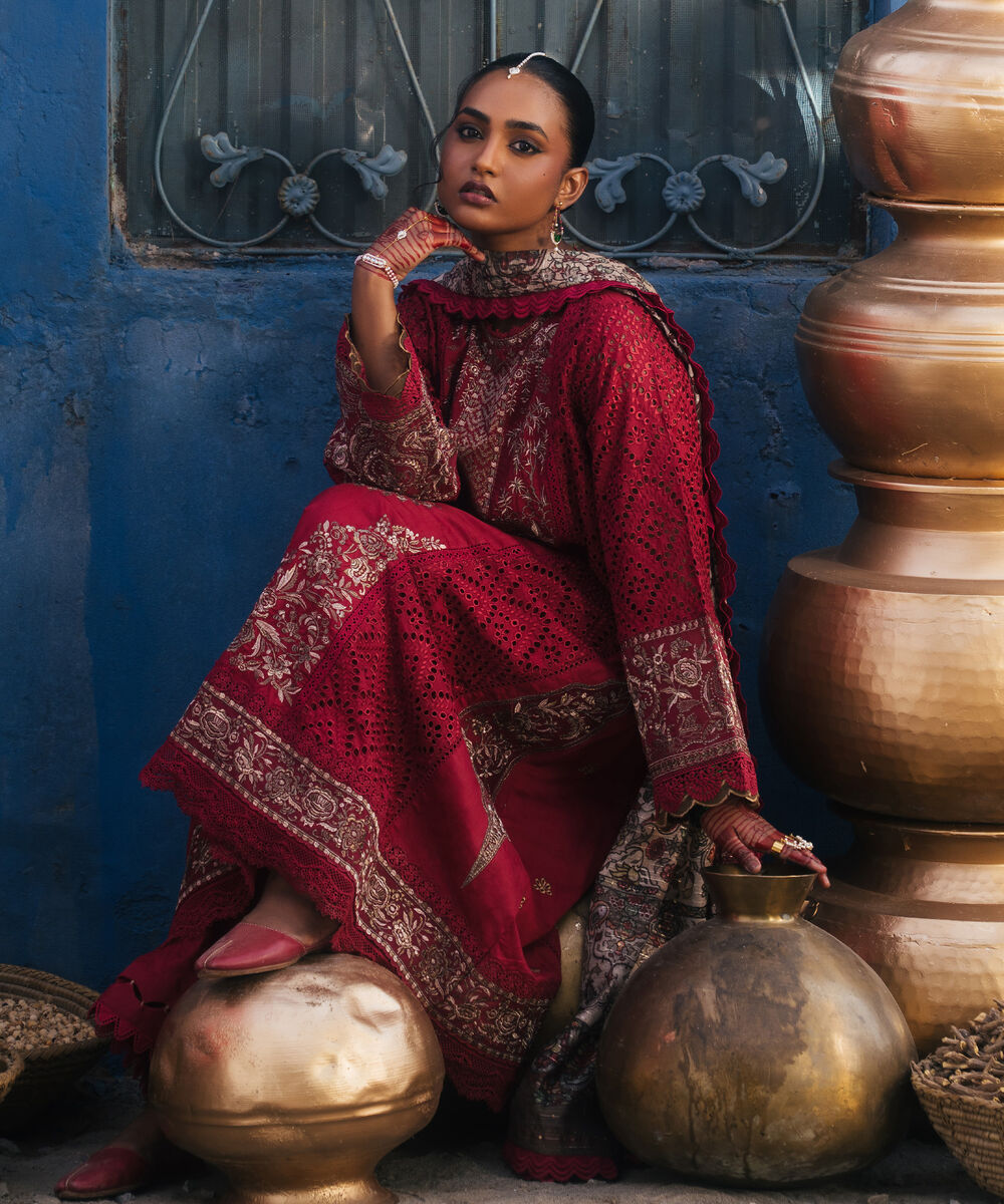 Women's RTW Self Jacquard Embroidered Maroon 3 Piece Suit