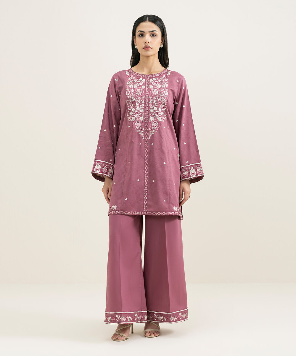 Women's RTW Self Jacquard Embroidered Purple Straight Shirt