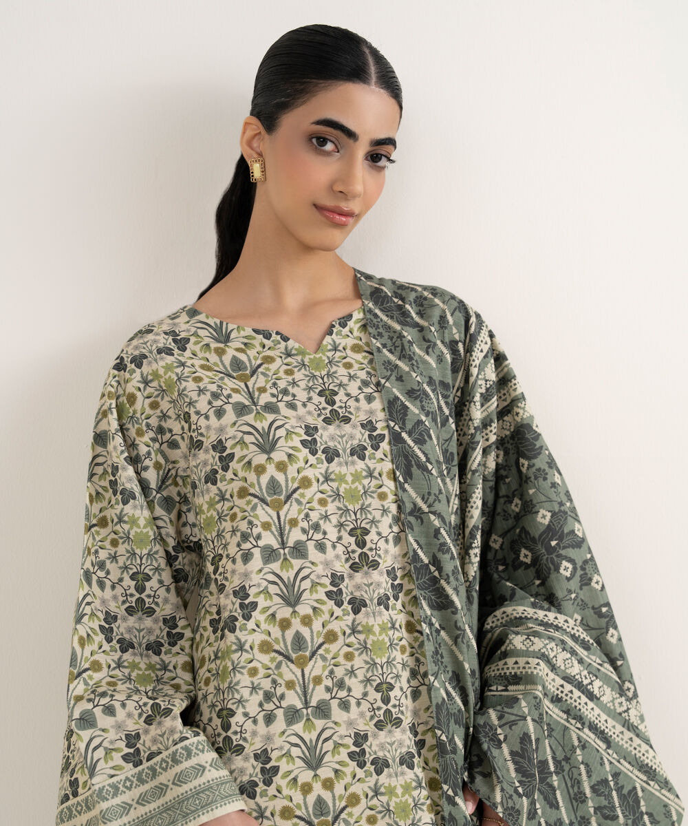 Women's Unstitched Printed Khaddar Off White and Grey 3 Piece Suit