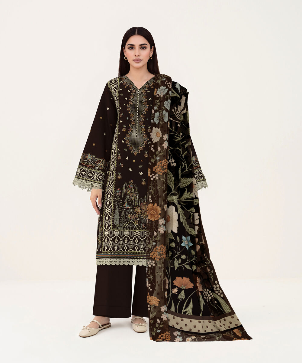 Women's Unstitched Self Jacquard Black Embroidered 3 Piece Suit