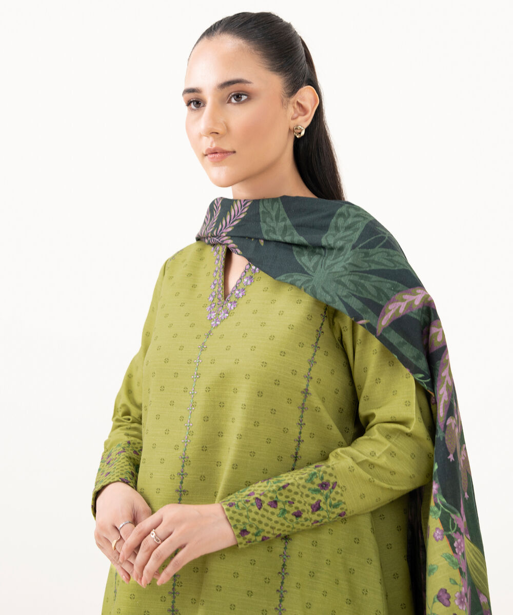 Women's Unstitched Light Khaddar Embroidered Green 3 Piece Suit