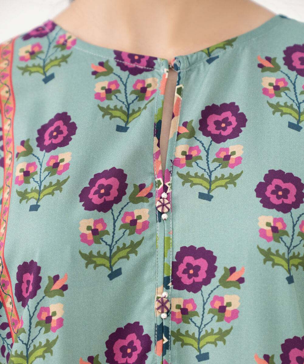 Women's RTW Viscose Linen Green Printed Drop Shoulder Shirt