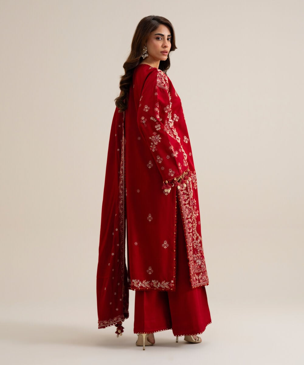 Womens Unstitched Marina Embroidered Red 3 Piece Suit